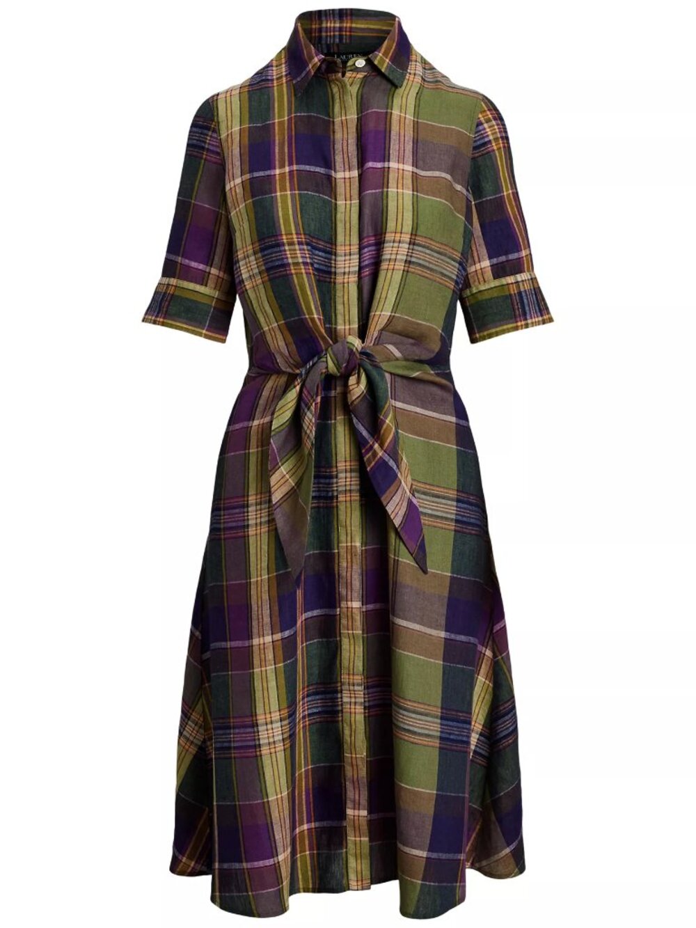 NWT Lauren Ralph Lauren Women's Plaid Tie-Front Linen Shirtdress Dress